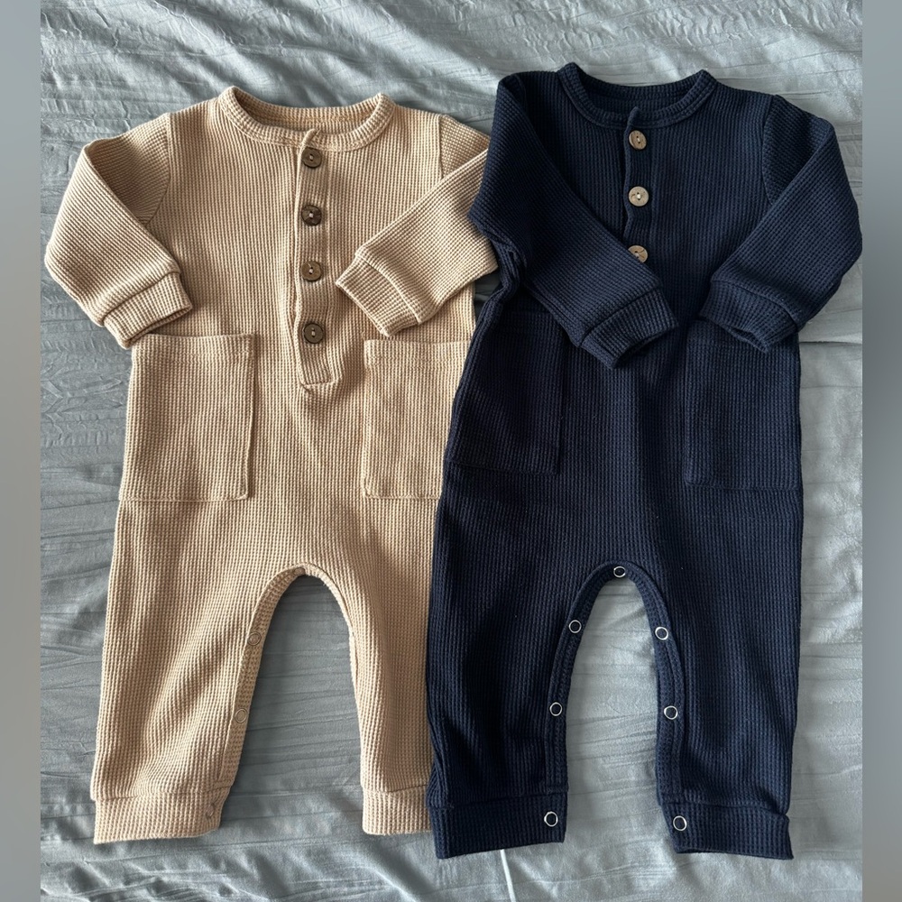 Neutral Beige and Navy Ribbed Baby One-Piece Rompers